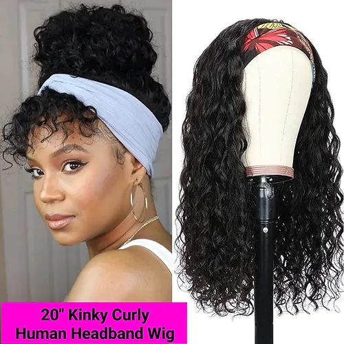 20" HUMAN Kinky Curly Headband Wig - £217.65 GBP