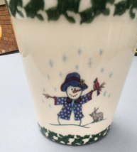 Roseville Spongeware Snowman Crock Vase Winter Christmas Holiday - £18.93 GBP