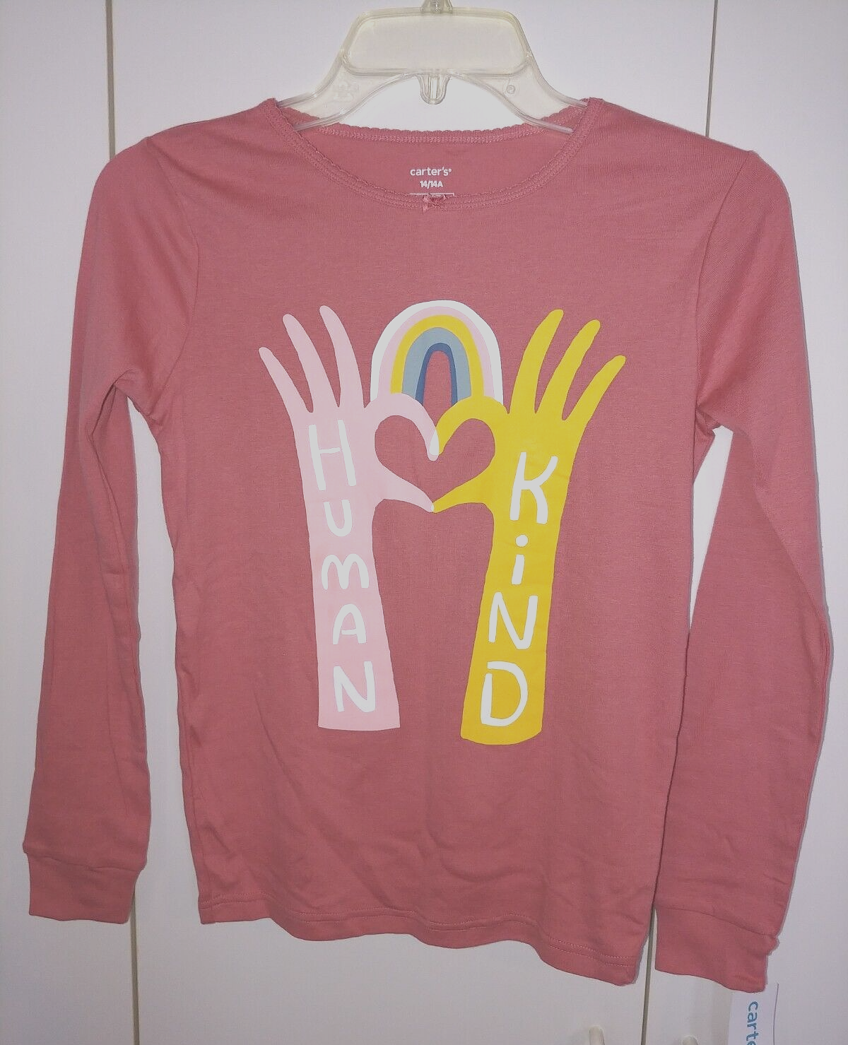 CARTER'S GIRL'S LS PULLOVER KNIT TEE W/"HUMAN KIND" GRAPHIC-14-NWT-$44-NICE - $9.46