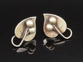 925 Silver - Vintage Antique Cherries Heart Leaf Screw Back Earrings - EG11707 - £36.04 GBP