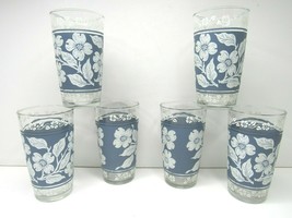 6 VTG Hazel Atlas White Flower Blue Jasperware Dogwood MCM 5&quot; Glass Bar Tumblers - £31.06 GBP