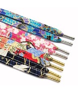 Japanese Style Kimono Fabric Flat Shoelaces - Crane - Cherry Blossom - Midnight  - $1,829.28 MXN