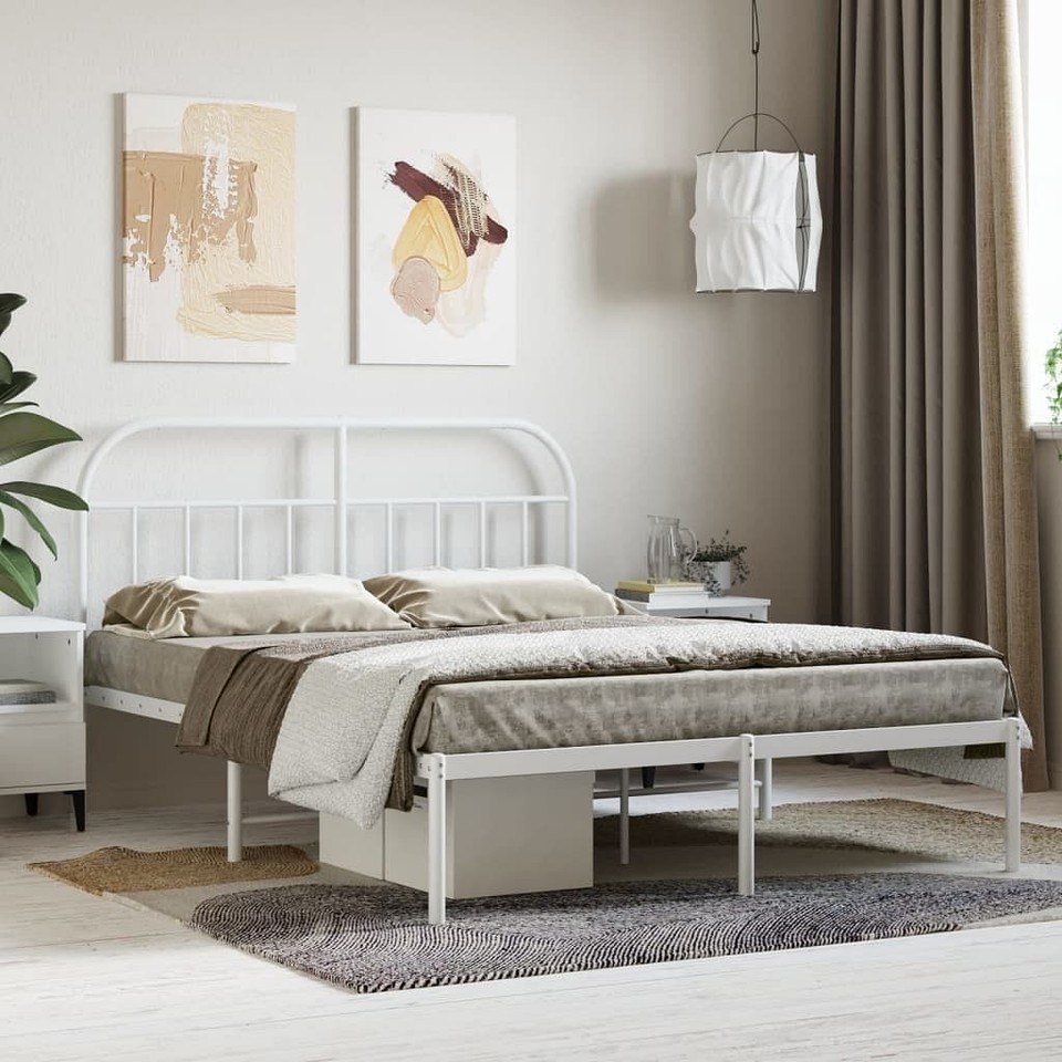 vidaXL Bed Frame White Powder-coated steel Queen Bed Frame Rectangular - $165.57