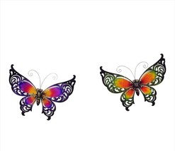Butterfly Wall Plaques Set 2  Wing Cut Outs Glass Iron Green Purple 27&quot; Long - £71.21 GBP