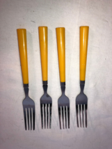 4 Stainless Steel Butterscotch Colored Plastic Handled Forks - £15.68 GBP