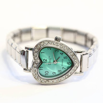 Green Italian Charm Bracelet Watch Heart w/Stones - Quartz Movement - WW... - £10.95 GBP