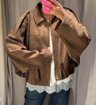 ZARA BNWT 2025. DARK BROWN SUEDE EFFECT BOMBER JACKET TABS. 4344/655/716 - $2,488.57 MXN
