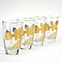 Libbey MCM Gold Leaves 10oz Flat Tumbler Glasses Beverage Clear Maple Oak Set 4 - £15.90 GBP