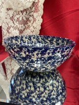 Vintage Pottery Cobalt Blue &amp; White Splatter Ware Sponge Ware Bowl 8 1/2” D - £35.72 GBP