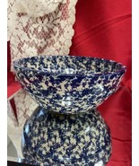 Vintage Pottery Cobalt Blue &amp; White Splatter Ware Sponge Ware Bowl 8 1/2” D - £35.50 GBP