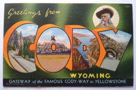 Greetings Hello From Cody Wyoming Postcard Large Letter Curt Teich Buffa... - $14.25