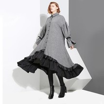 England Style Woman Winter Gray Shirt Dress Midi Long Sleeve Ruffle Patchwork Bi - £54.68 GBP
