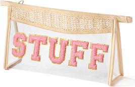 Boho Patch Cosmetic Bag Summer STUFF Pink Chenille Varsity Letter Clear Toiletry - £20.19 GBP