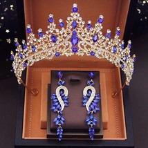 Diadem Wedding Blue Crystal Tiara Earrings Set | Green Red Pink Purple Silver Go - £31.51 GBP
