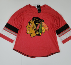 Chicago Blackhawks Shirt Womens Large 12/14 NHL Red Striped 3/4 Sleeve NWT - $13.85