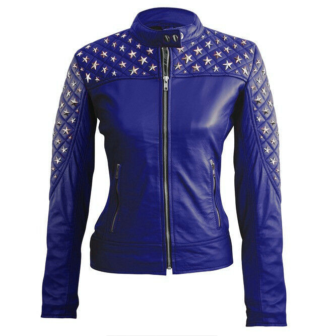 Women Blue Color Biker Real Leather Silver Star Studded Slim Fit Quilted Jacket