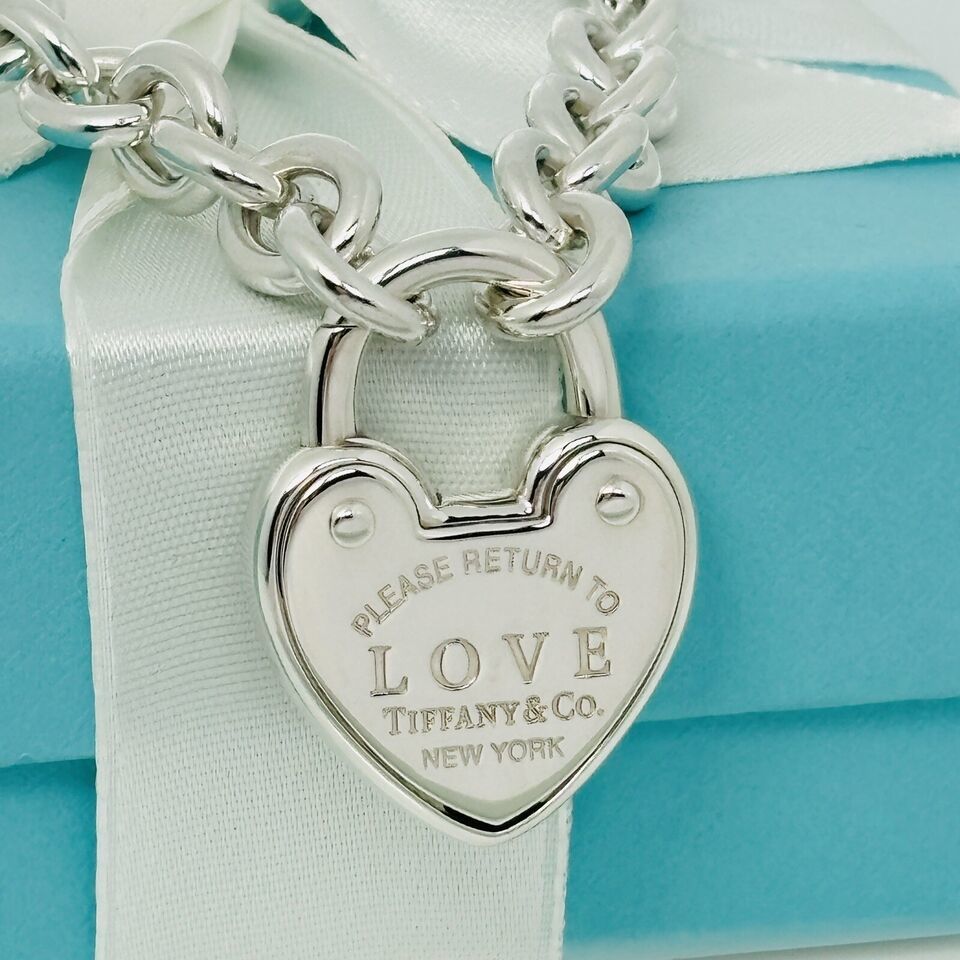 18" Please Return to Tiffany Love Heart Charm Pendant Padlock Lock Rolo Necklace - $775.00