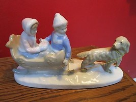 Ceramic Sleigh Ride Kids with Dog Figurine by Meico [a7*] - £27.84 GBP