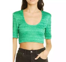 Ganni Women&#39;s Green Satin Smocked Short Sleeve Crop Top 38 M NWOT - $84.14