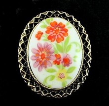 Spring Flowers Pin Vintage Oval Glass Brooch Orange Purple Yellow Dark Goldtone - £13.44 GBP