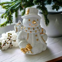 Snowman Planter Vase Vintage Winter Ceramic Bloomrite Christmas White Gold Trim - £17.85 GBP