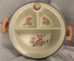 Vintage Pink Divided Dish Baby Warmer Warming Food Plate Handles Lamb Bo Peep - £7.49 GBP