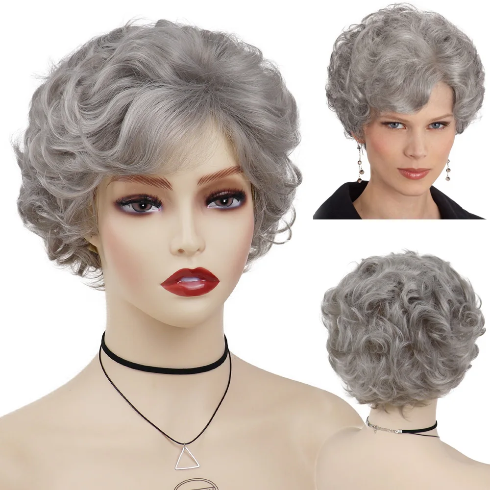 GNIMEGIL Synthetic Ombre Gray Curly Wig for Women Short Mommy Wigs Old Lady Wig - £20.58 GBP