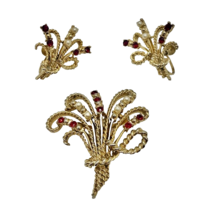 Coro Floral Parure Screw Back Earrings &amp; Brooch Red Rhinestones Faux Pearls Pin - £62.24 GBP