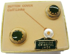 Button Cover Cufflinks Genuine Oriental Jade Tux Shirt Dress Suit Vintage IOB - £23.45 GBP