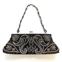 Apt. 9 Beaded Satin Kiss Lock Mini Handbag Clutch Paisley Black Gold Dressy  - £12.96 GBP