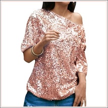  Pink Sparkling Sequined Shimmer Short Sleeve Off Shoulder Tank Tee Shirt Top  image 2