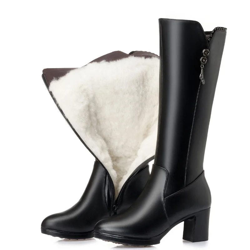 Fashion Black Genuine Leather Knee High Boots Women Winter Warm Boots Natural Wo - £73.15 GBP