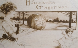 Halloween Postcard Kathryn Elliott Women With JOL Spooks Cherub Angel Sepia 1911 - £92.40 GBP