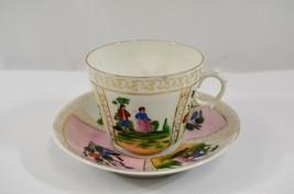 Vintage Teacup Saucer Handpainted Courting Couple Flowers Gold Detail 1910s - £19.32 GBP