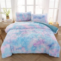 Faux Fur Duvet Cover Set Twin Size, Tie Dye Rainbow Plush Shaggy Girls Bedding S - £72.74 GBP