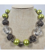 Vintage Statement Necklace 19 Inch Big Beads Green Gold Tone &amp; Clear - $39.76 CAD