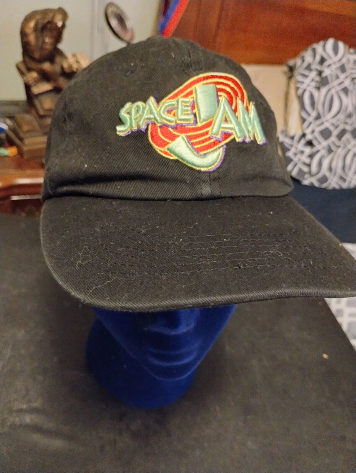 Vintage 1996 Warner Brothers Space Jam Strapback Hat Jordan Black Embroi... - $10.88