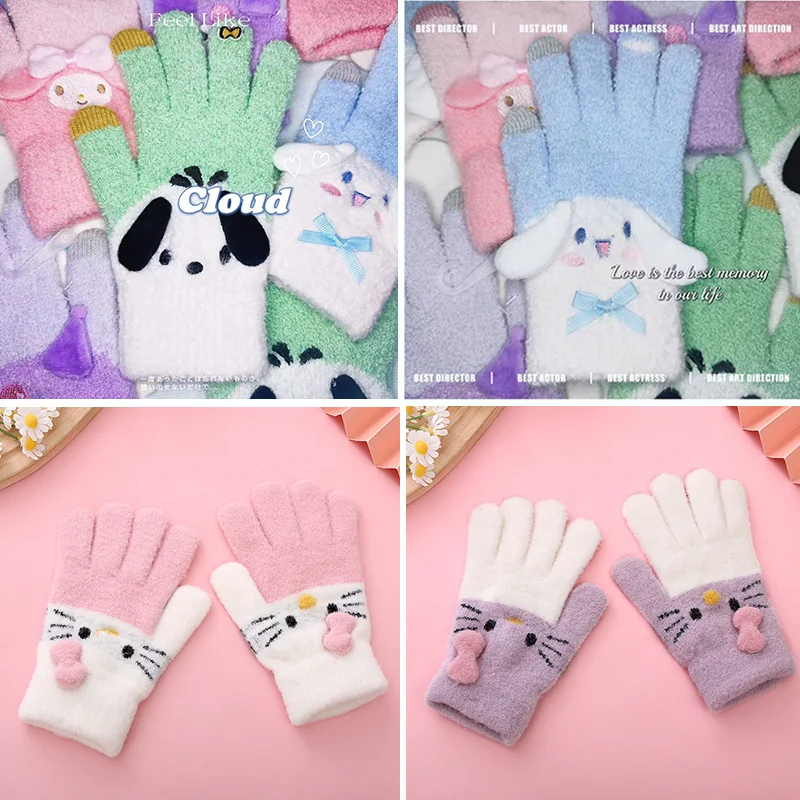 Hello Kitty Children Knitted Gloves Sanrios Winter Warm Full Finger Boy Girl - £7.40 GBP+