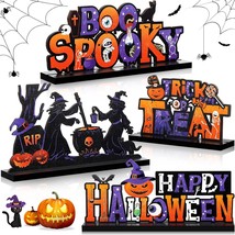 4 Pieces Happy Halloween Wooden Table Decorations Trick Or Treat Centerpieces Bo - £25.57 GBP
