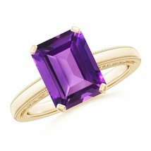ANGARA Emerald Cut Amethyst Solitaire Ring with Milgrain for Women in 14K Gold - £972.38 GBP
