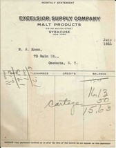 Excelsior Supply Company 1931 Malt Products Syracuse NY Vintage Billhead - $13.36