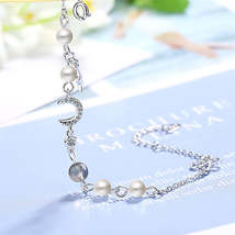 Moonstone &amp; Pearl Silver-Plated Moon Station Bracelet - £12.05 GBP