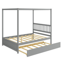 Full Size Canopy Bed with Trundle Wooden Platform Bed Frame Headboard-Gr... - £320.94 GBP