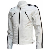 LE Black Striped Zipper Men&#39;s White Leather Jacket - £117.98 GBP