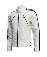 LE Black Striped Zipper Men&#39;s White Leather Jacket - £117.54 GBP