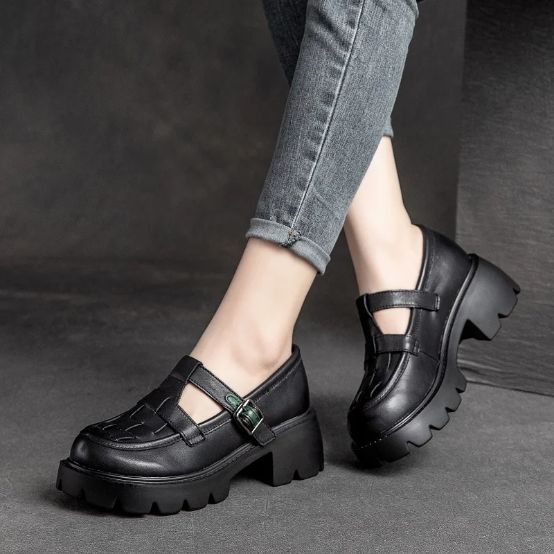  women chunky shoes retro woven genuine leather buckle shallow thick high heel platform thumb200