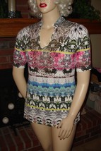 V Cristina Beautiful Boho Blue White Multi Stretch Knit Shirt Tunic Top Sz L - £12.39 GBP