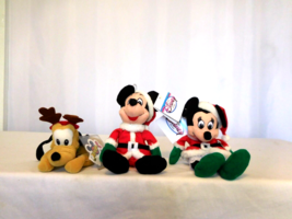 Disney Christmas Santa Mickey &amp; Minnie Mouse Bean Bag Plush + Pluto Rein... - $21.78