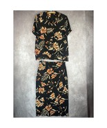 Vtg Floral 100% Silk 2 Piece Set 10P Black Tropical 90s Y2K Midi Skirt &amp;... - $48.51