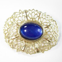 Gold Tone 2&quot; Filigree Open Work Oval Blue Faux Opal Cabochon Stone Brooch Cobalt - £3.92 GBP